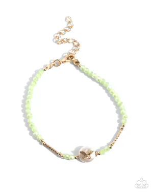 Aerial Actress - Green - and Gold Faceted Bead Butterfly and Pearl Paparazzi Lobster Claw Bracelet