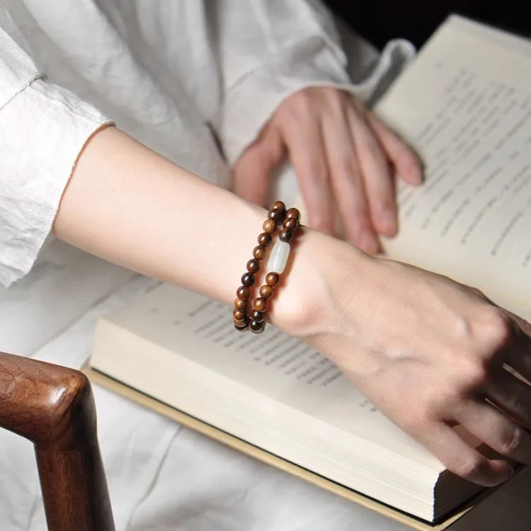 Ancient Jade and Sandalwood Couple Bracelet with Flower Pear Wood Beads