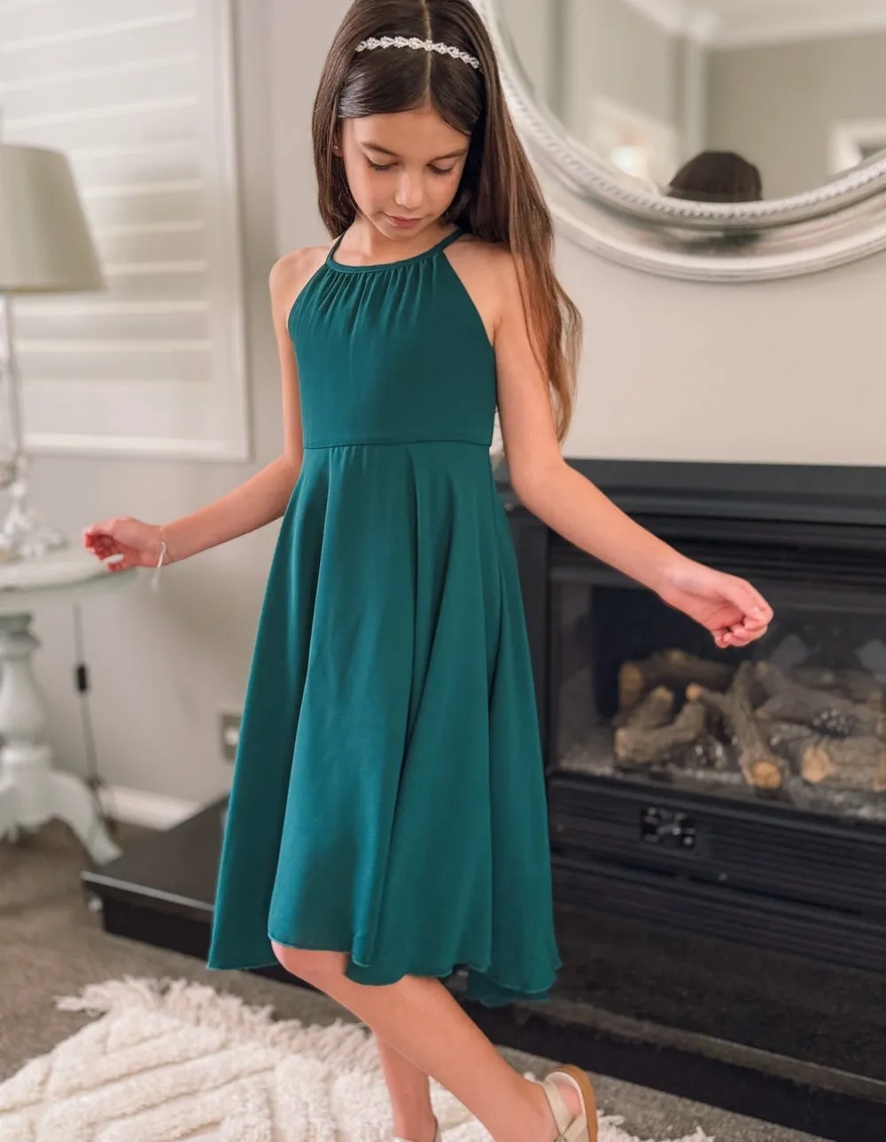 Anna Girls Hi Low Dress - Forest Green