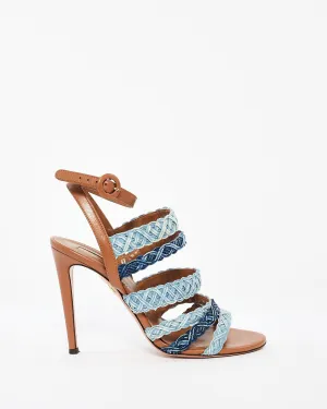 Aquazzura Braided Denim & Tan Leather Tyra Heeled Sandals - 37