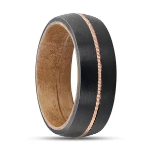 CHORDAL | Black Tungsten Ring, Brass Guitar String, Whiskey Barrel Wood, Domed