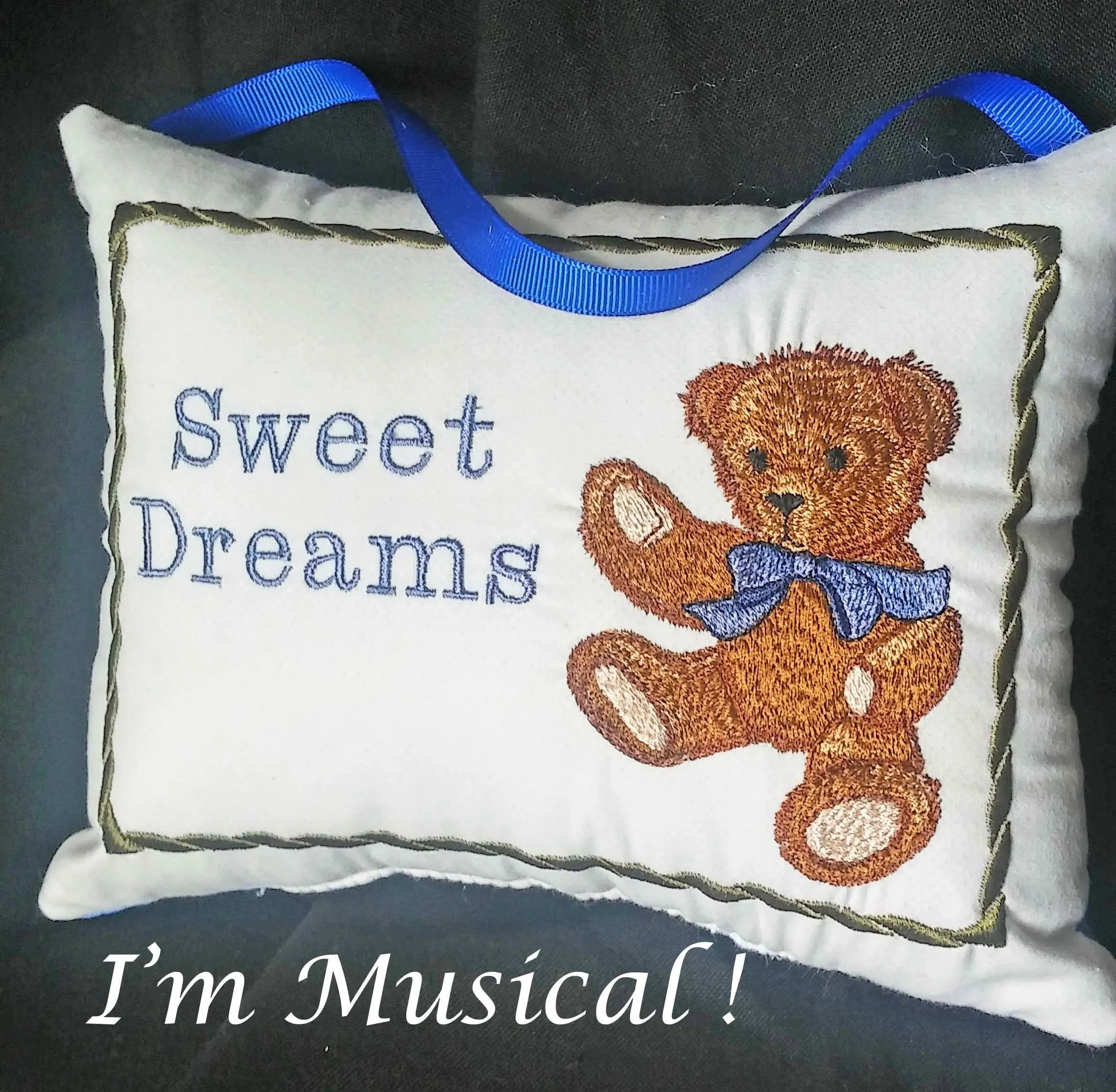 Classic Teddy Bear with Bow Music Box Pillow -- Personalized Embroidered MUSICAL Keepsake