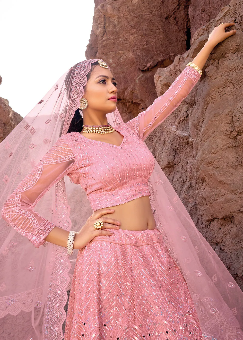 Coral Pink Embroidered Pure Net Designer Bridal Lehenga Choli