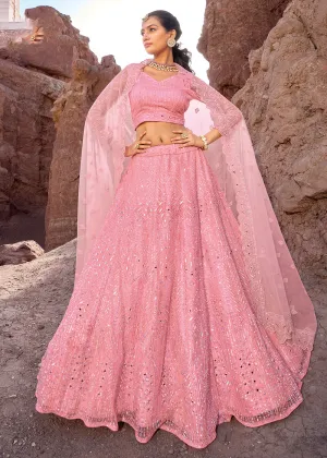 Coral Pink Embroidered Pure Net Designer Bridal Lehenga Choli