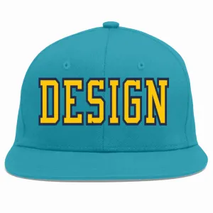 Custom Aqua Gold-Navy Flat Eaves Sport Baseball Cap Design for Men/Women/Youth