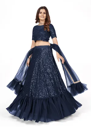 Dark Blue Multi Sequins Embroidered Party Wear Lehenga Choli