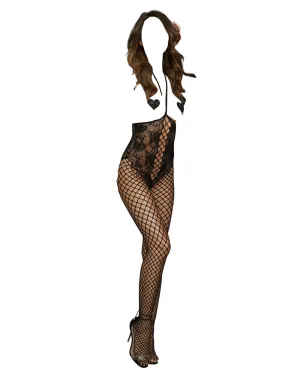 Dreamgirl Open-Cup Bodystocking with Lace Teddy Fishnet Legs & Open Crotch Black