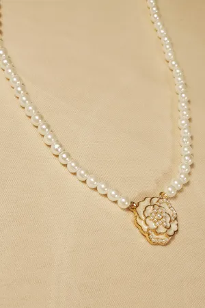 Elegant Floral Pendant Pearl Necklace - LZ012