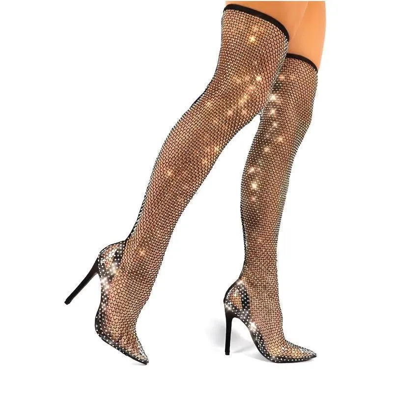 Elegant Rhinestone Mesh Ankle High Heels