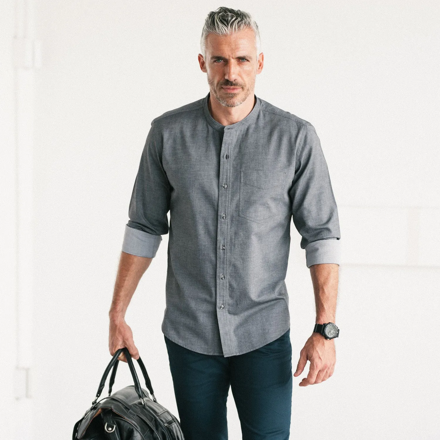 Essential Band Collar 1 Pocket Button Down Shirt - Flint Gray Cotton Twill