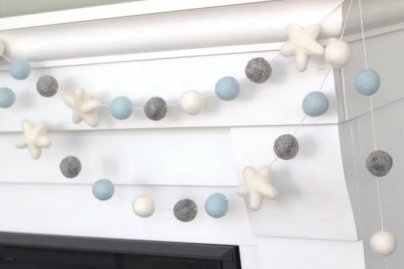 Felt Ball & Star Garland- Ice Blue, Gray, White