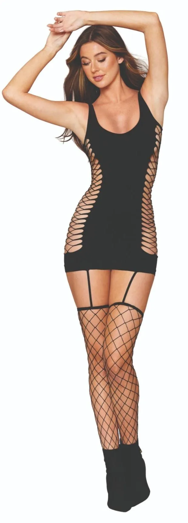 Fence Net Lingerie Mini Dress with Garters