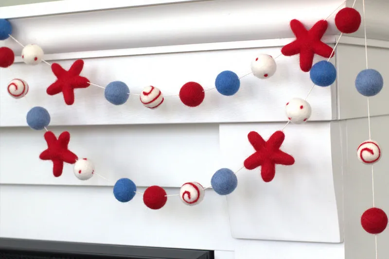 Fourth of July Felt Ball & Star Garland- Red, White, Blue- Swirls & Dots