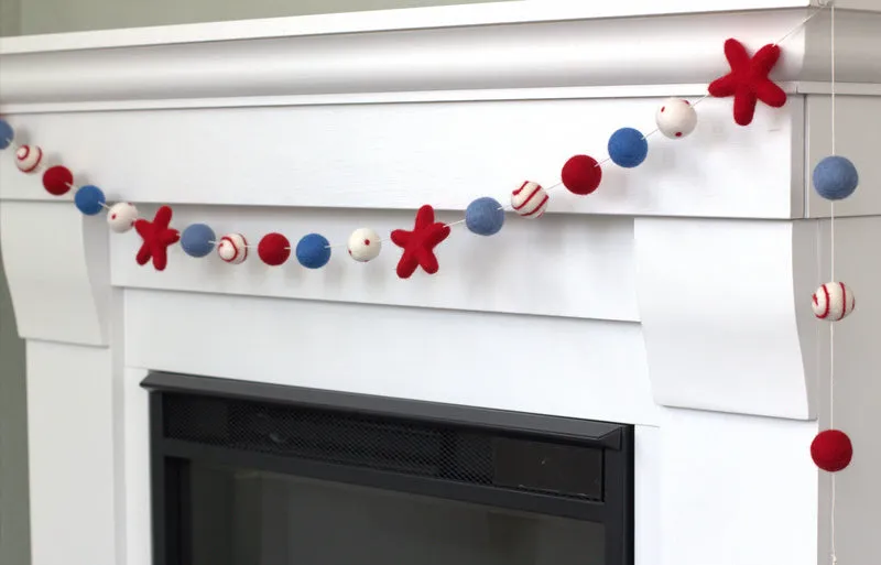 Fourth of July Felt Ball & Star Garland- Red, White, Blue- Swirls & Dots