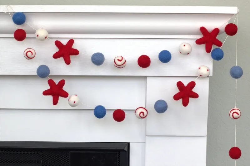 Fourth of July Felt Ball & Star Garland- Red, White, Blue- Swirls & Dots