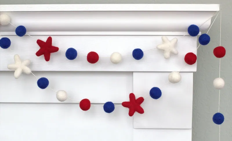 Fourth of July Felt Ball & Star Garland- Red, White, Royal Blue