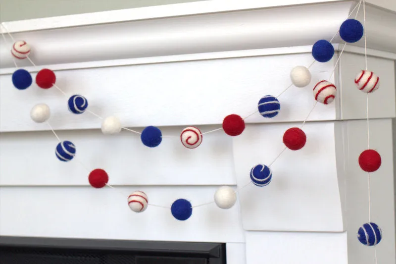 Fourth of July Felt Ball Garland- Red, White & Blue- Swirls