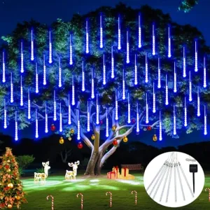 JMEXSUSS Solar Christmas Lights Outdoor Waterproof, Blue Solar Meteor Shower Rain Lights, 8 Tube 144 LEDs Solar Icicle Tree Lights for Halloween Yard Party Patio Xmas Decoration