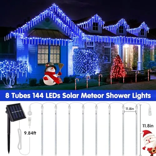 JMEXSUSS Solar Christmas Lights Outdoor Waterproof, Blue Solar Meteor Shower Rain Lights, 8 Tube 144 LEDs Solar Icicle Tree Lights for Halloween Yard Party Patio Xmas Decoration