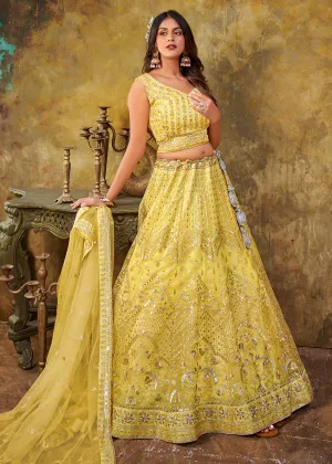 Lemon Yellow Premium Net Sequins Wedding Lehenga Choli