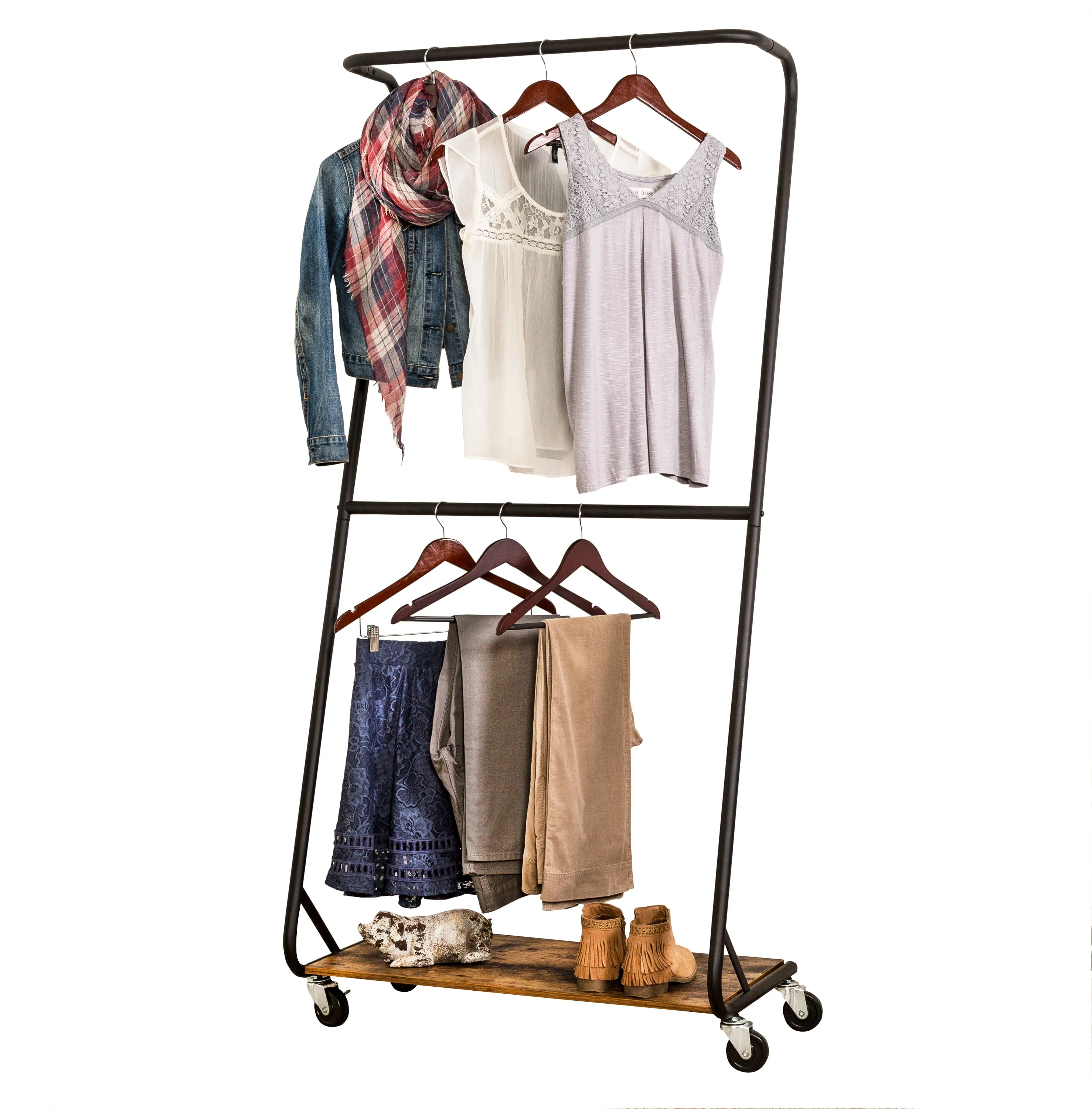 Matte Black/Rustic Wood Z-Frame Double Bar Rolling Clothes Rack