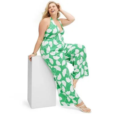 New - Diane von Furstenberg Women's Halter Jumpsuit Deep V-Neck, Ginkgo Green