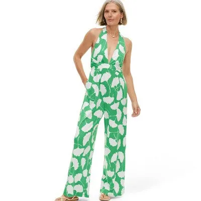 New - Diane von Furstenberg Women's Halter Jumpsuit Deep V-Neck, Ginkgo Green