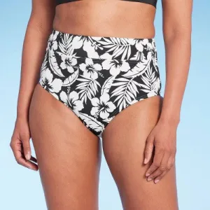 New - Lands' End Women's UPF 50 Full Coverage Tummy Control Floral Print High Waist Bikini Bottom - Black/White XL