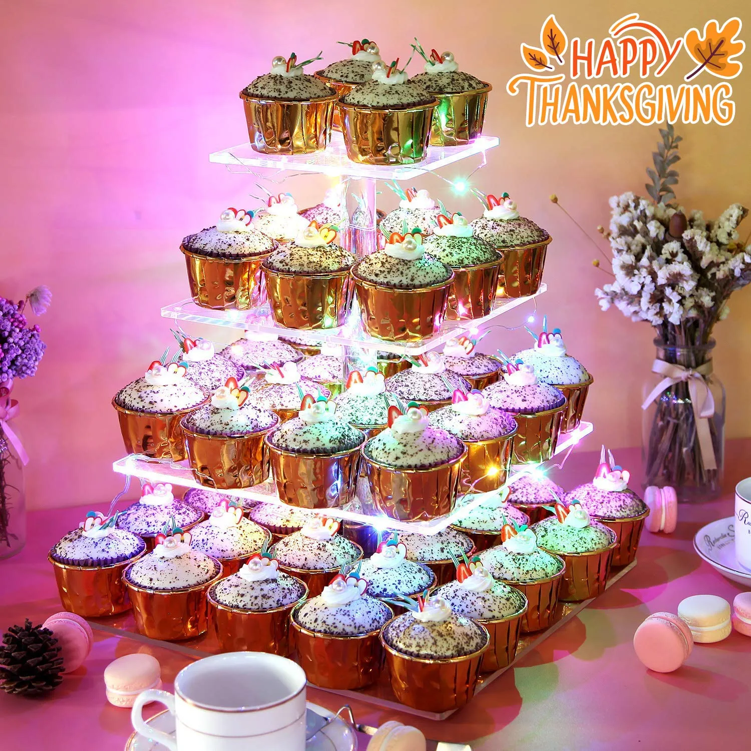 Pastry Stand 4 Tier Acrylic Cupcake Display Stand With Led String Lights Dessert Tree