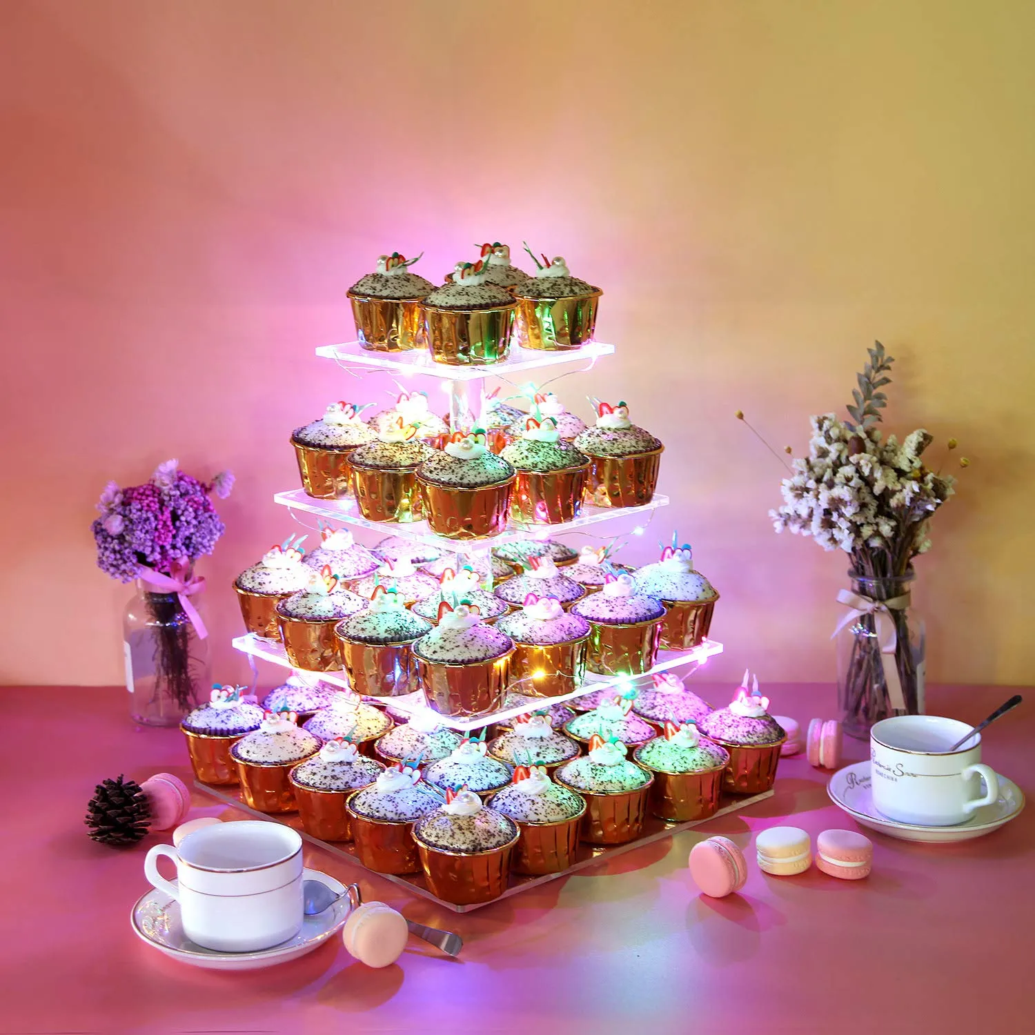 Pastry Stand 4 Tier Acrylic Cupcake Display Stand With Led String Lights Dessert Tree