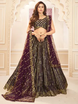 Purple & Golden Sequins Embroidered Wedding Lehenga Choli