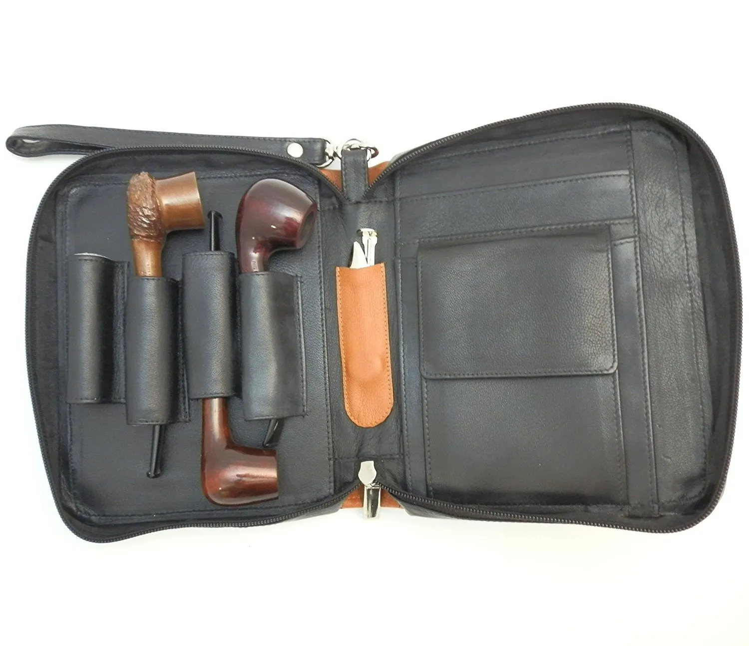 Sheep Napa Leather Tobacco Pipe Pouch Combo - Four Pipes and Tobacco Pouch & Tool Pockets