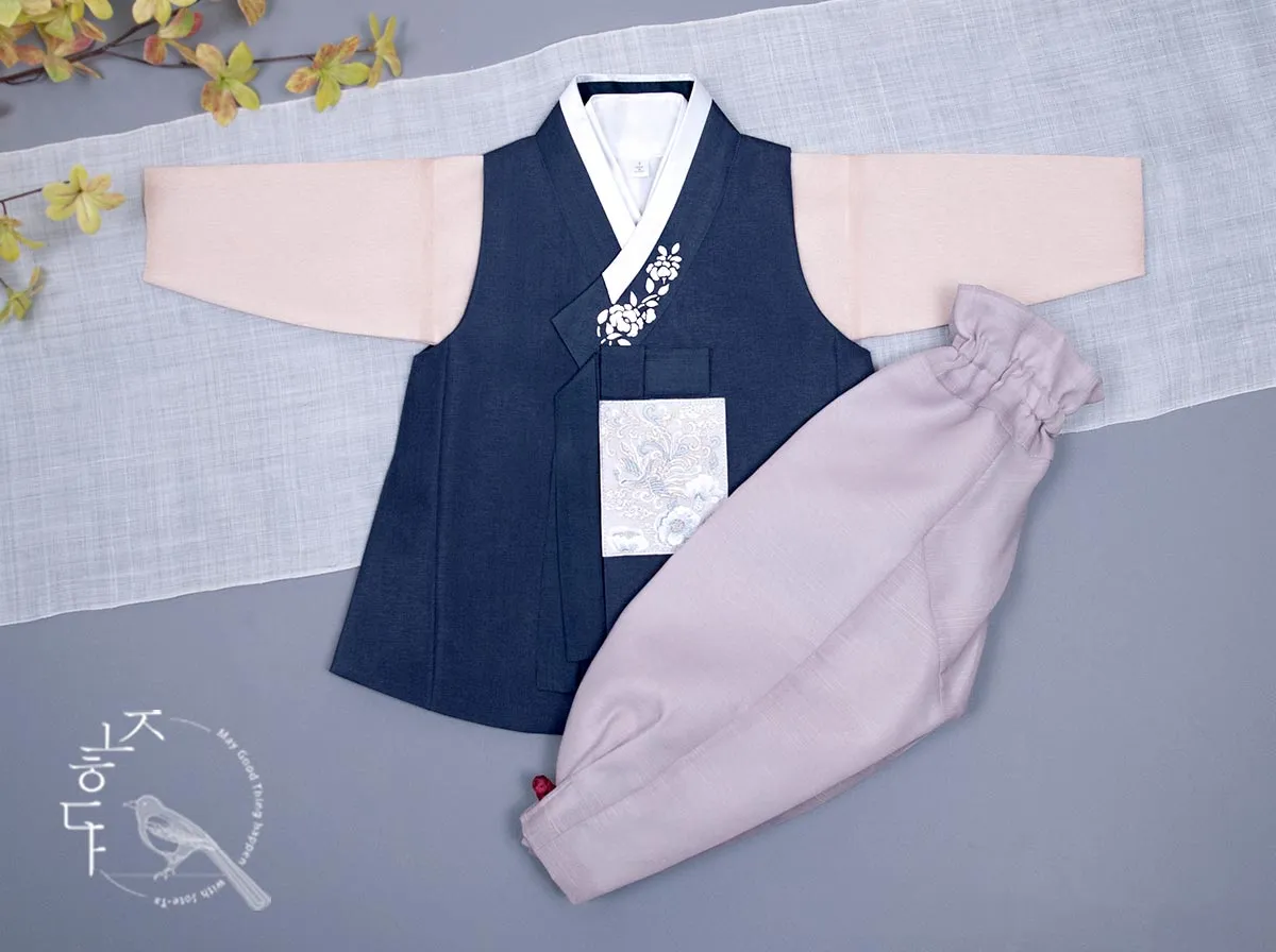 Silver Foiled Flower on a Collar Baby Boy Hanbok in Navy