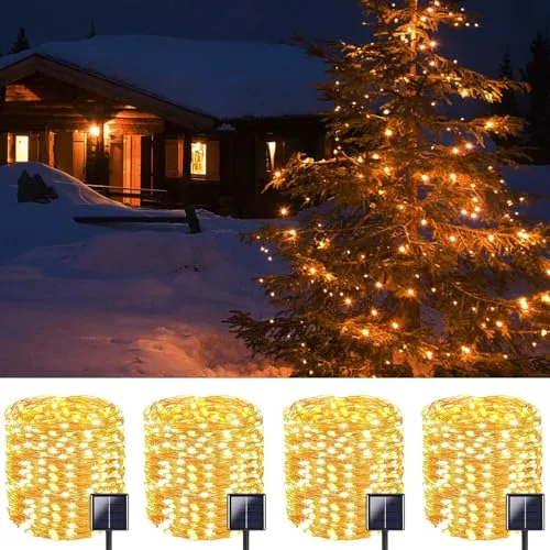 Solar Christmas String Lights Outdoor, 4-Pack Each 72FT 200 LED, Solar Twinkle Lights Outdoor Waterproof with 8 Modes, Copper Wire Solar Fairy Lights for Tree Christmas Decorations (Warm White)