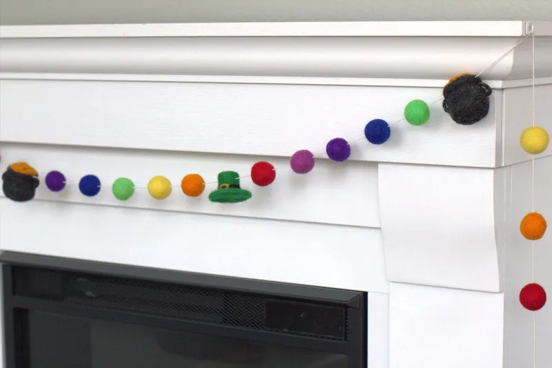 St. Patrick's Day Pot of Gold & Leprechaun Felt Ball Garland- Rainbow