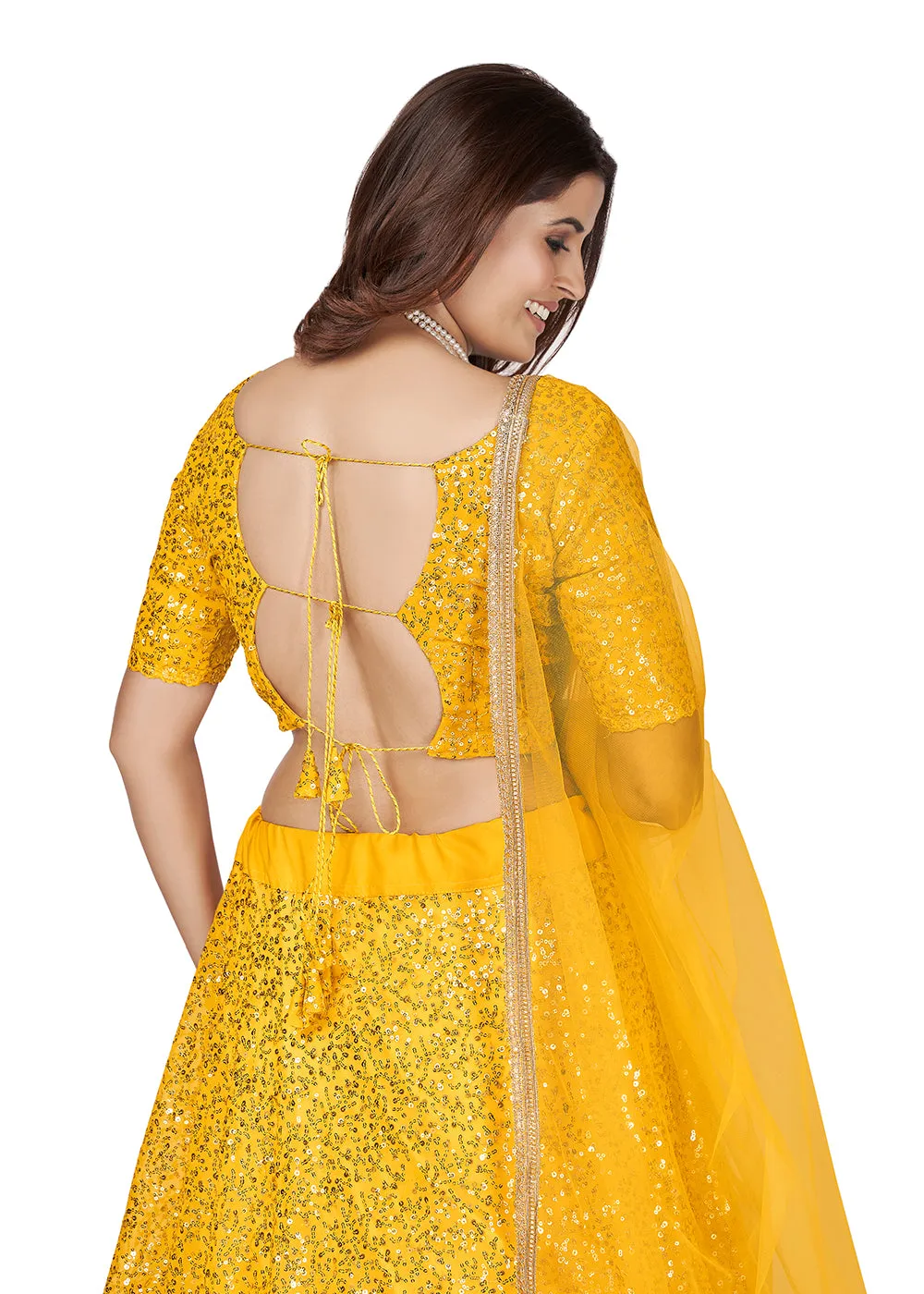 Yellow Multi Sequins Embroidered Party Wear Lehenga Choli